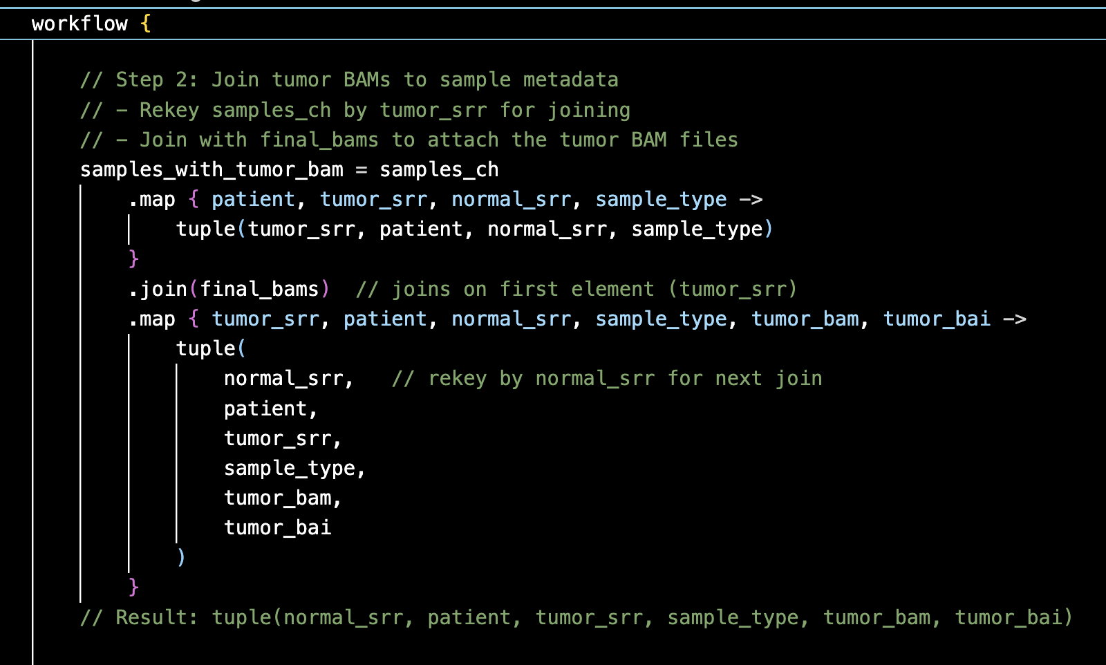 A Card showing Nextflow DSL2 code integrating channels using metadata